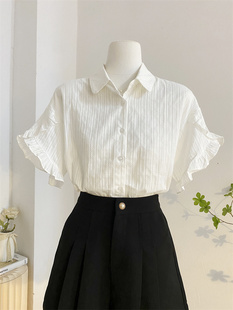 衬衫 女夏季 棉麻衫 设计感小众洋气小衫 上衣 甜美短袖 白色翻领喇叭袖