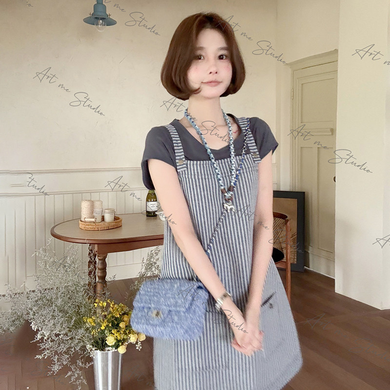 条纹A摆纯棉背带裙女短款连衣裙