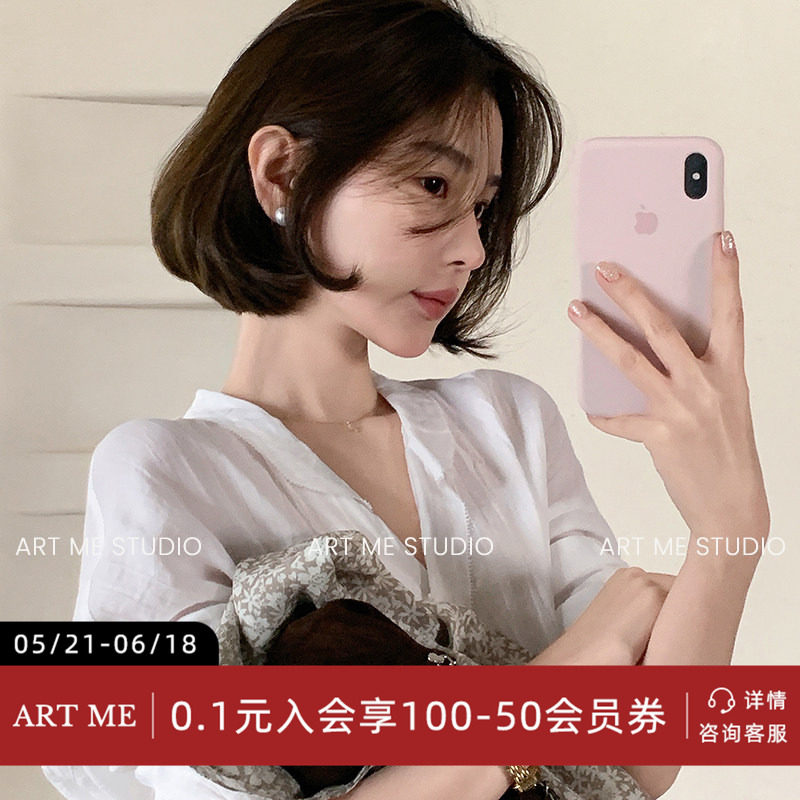 v领慵懒风苎麻天丝混纺简约衬衫