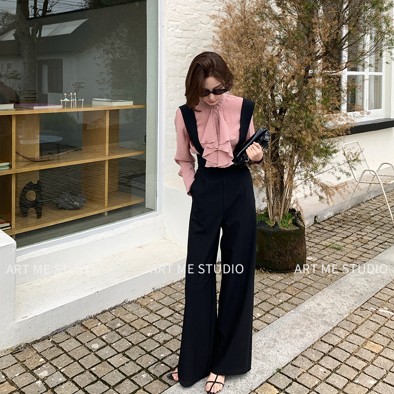 ARTME瓜瓜 通勤风高腰宽肩带阔腿裤女春季垂坠感开叉显瘦长裤