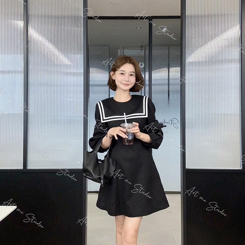 ARTME瓜瓜100亚麻海军领连衣裙