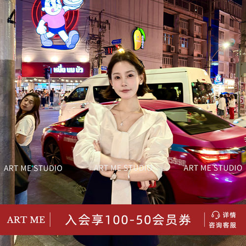 ARTME瓜瓜 一字肩大翻领减龄少女风衬衫女夏季短款落肩系带棉上衣