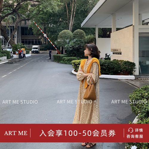 ARTME瓜瓜 复古印花通勤风连衣裙女夏季收腰显瘦气质长袖中长款裙