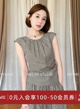 ARTME瓜瓜 黄咖色格纹圆领无袖衬衫女夏季收腰显瘦抽褶小飞袖上衣