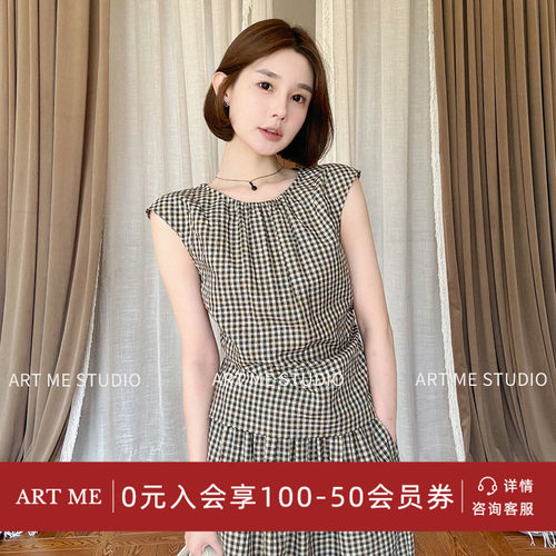 ARTME瓜瓜 黄咖色格纹圆领无袖衬衫女夏季收腰显瘦抽褶小飞袖上衣
