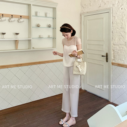 ARTME瓜瓜 珍珠系列月光醋酸三件套网纱约会通勤风两色套装女夏季