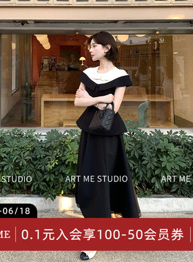 ARTME瓜瓜 法式赫本风撞色蝴蝶结连衣裙女夏季收腰显瘦伞摆上衣