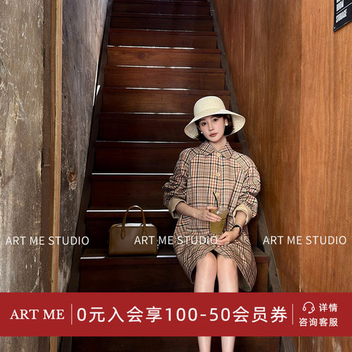 ARTME瓜瓜 学院风翻领插肩袖双面穿风衣女春大口袋中长款格子外套