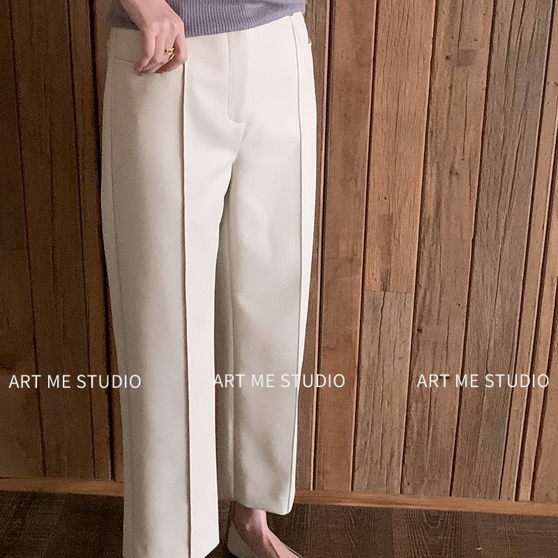 ARTME瓜瓜 通勤风高腰显瘦皮裤女春季垂坠感半腰头暗扣直筒阔腿裤