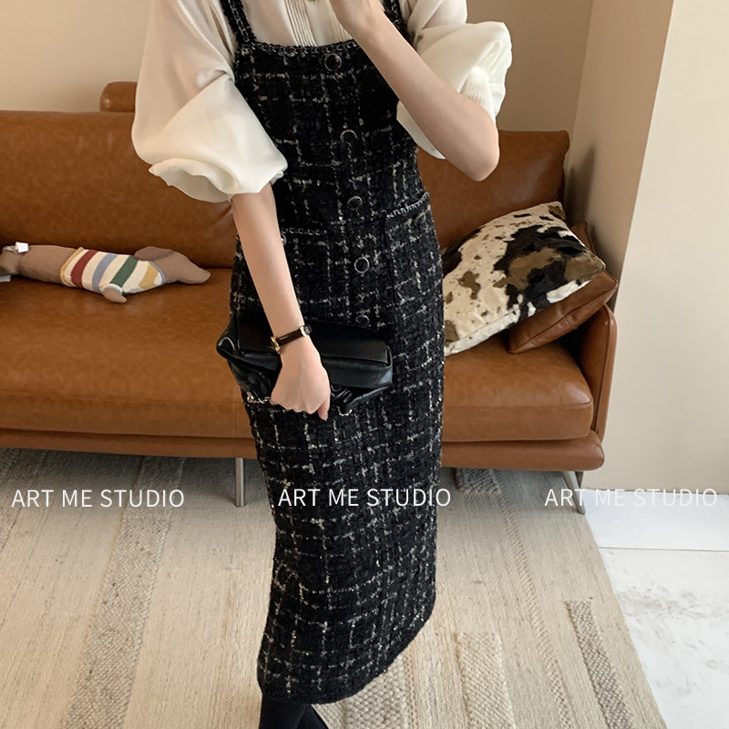 ART ME黑纱星点银链织带名媛羊毛小香风收腰吊带裙w2171l1