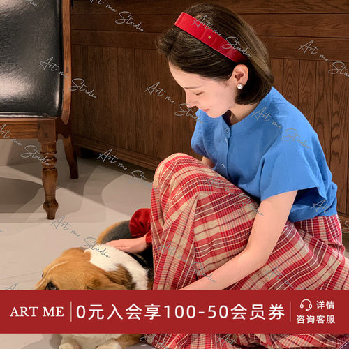 00棉复古红米格小飞袖裙摆半裙
