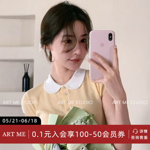 ARTME瓜瓜 元气拼色polo韩系学院派撞色修身针织衫娃娃领减龄短袖