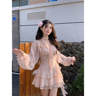 温柔风甜美收腰显瘦雪纺吊带连衣裙女夏季新款清新小个子纯欲短裙