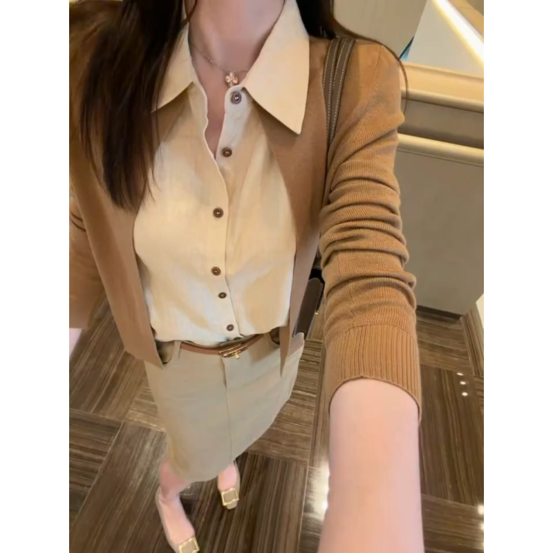 三件套咖色开衫衬衫半身裙女秋季