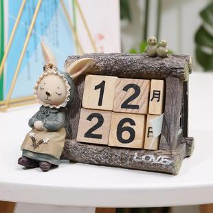 饰摆设台历礼品 可爱兔子日历摆件创意木质家用客厅桌面装