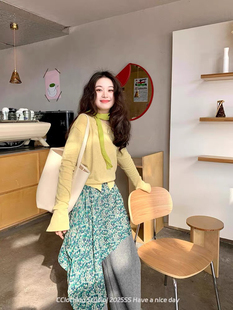 韩系博主同款 不规则半身裙 屁帘穿搭佩饰绿色碎花屁帘松紧腰中长款