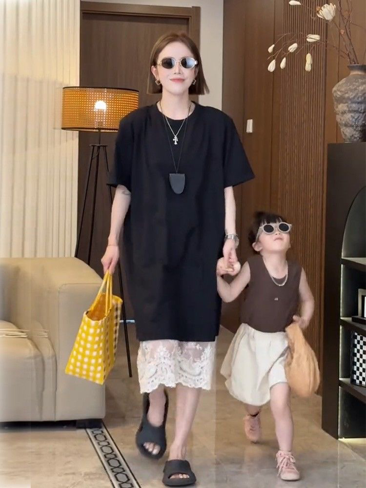 大码女装夏季新款胖mm蕾丝半身裙套装宽松中长款短袖t恤裙连衣裙
