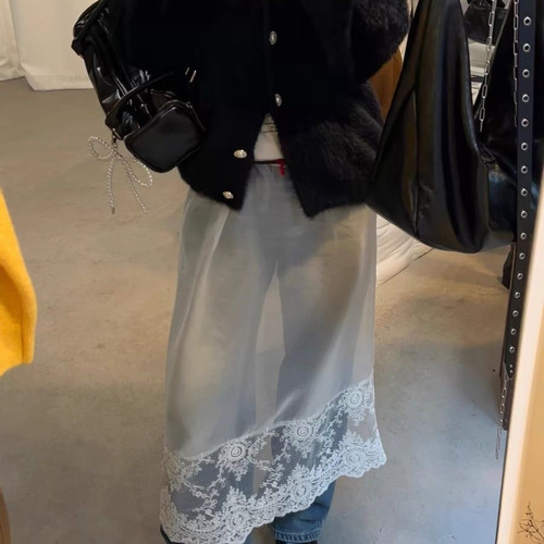 时尚现货正品设计师品牌拼接真丝欧根纱松紧腰透视半裙屁帘