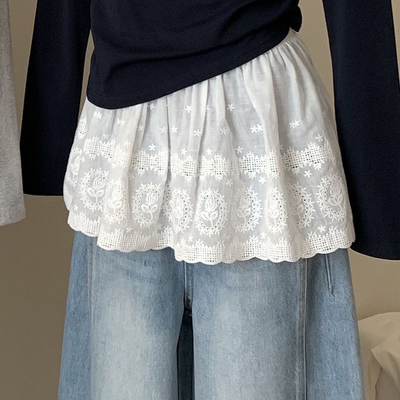 韩系花边屁帘刺绣叠穿打底短裙层次重工蕾丝百搭小屁帘裙帘女