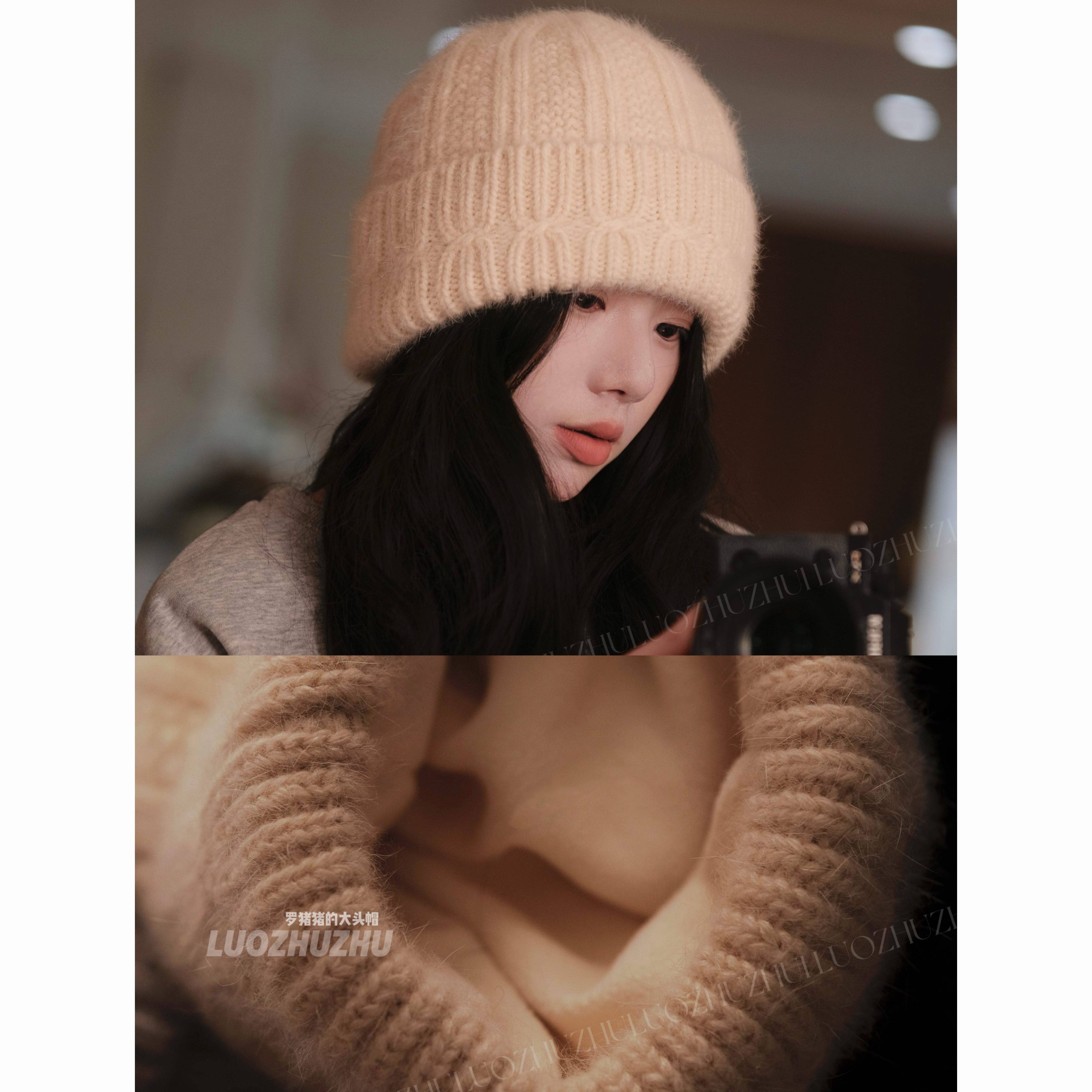 罗猪猪【加绒麻花兔毛】秋冬季新款安哥拉兔毛帽毛绒针织保暖简约
