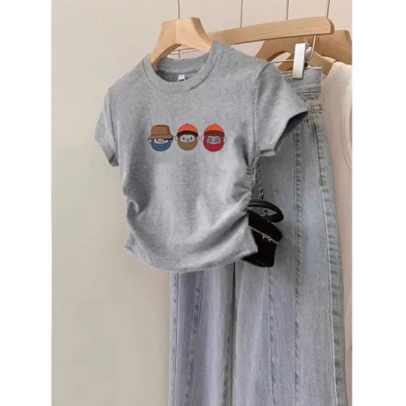 中大童正肩圆领短袖t恤女童夏季2025新款修身收腰短款上衣ins潮