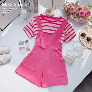 女童背带裤套装夏装2026女孩时髦洋气夏季网红炸街儿童短袖两件套