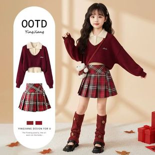 女童巨好看过年衣服2026超火冬季一整套初中生红毛衣两件套套装裙