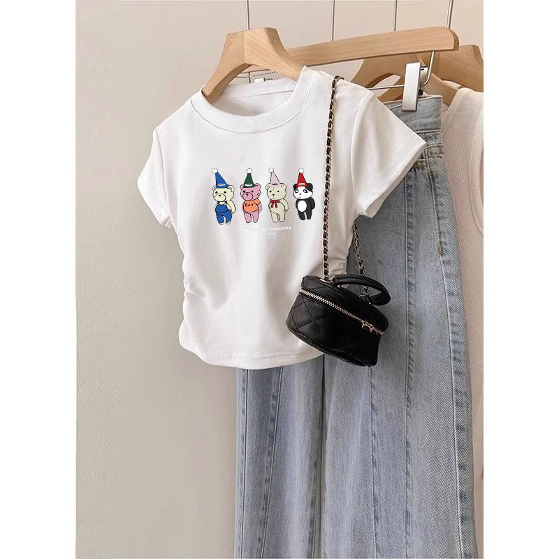 中大童正肩圆领短袖t恤女童夏季2025新款修身收腰短款上衣ins潮