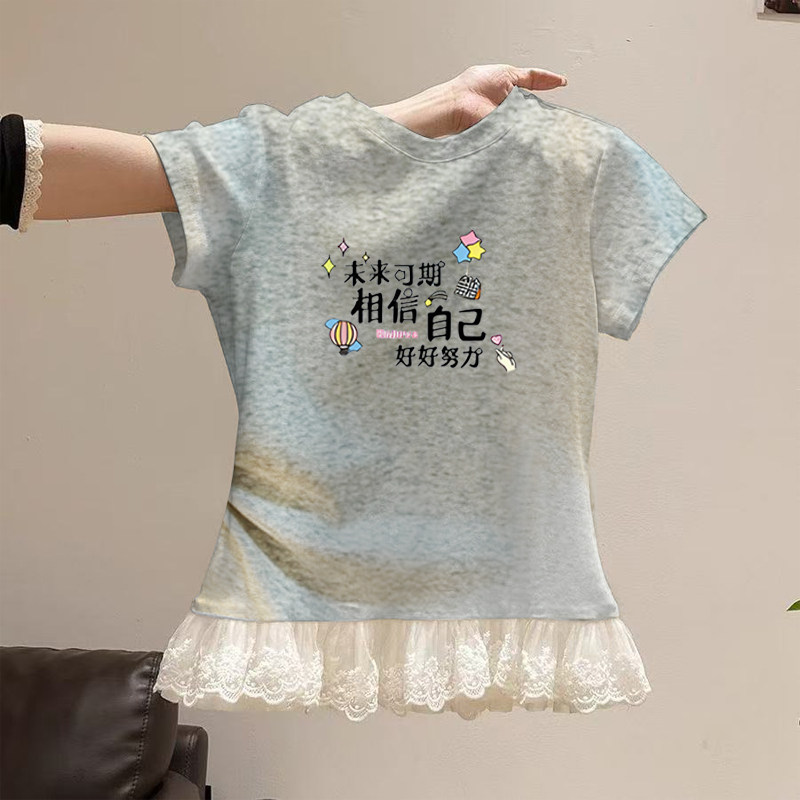 女童蕾丝拼接短袖T恤2025夏季新款上衣小女孩夏装印花儿童体恤ins