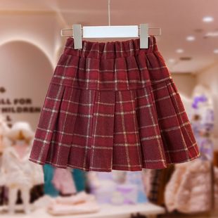 女童学院风红色格子毛呢百褶半身裙儿童秋冬装女孩洋气百搭短裙子