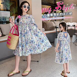 女童碎花连衣裙夏季中大童超仙女露背公主裙女孩海边度假沙滩裙子