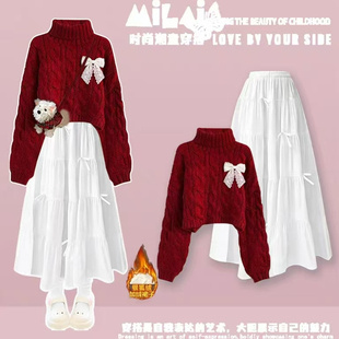 女童秋冬装蝴蝶结连衣裙子2026超火冬装一整套巨好看针织高领毛衣