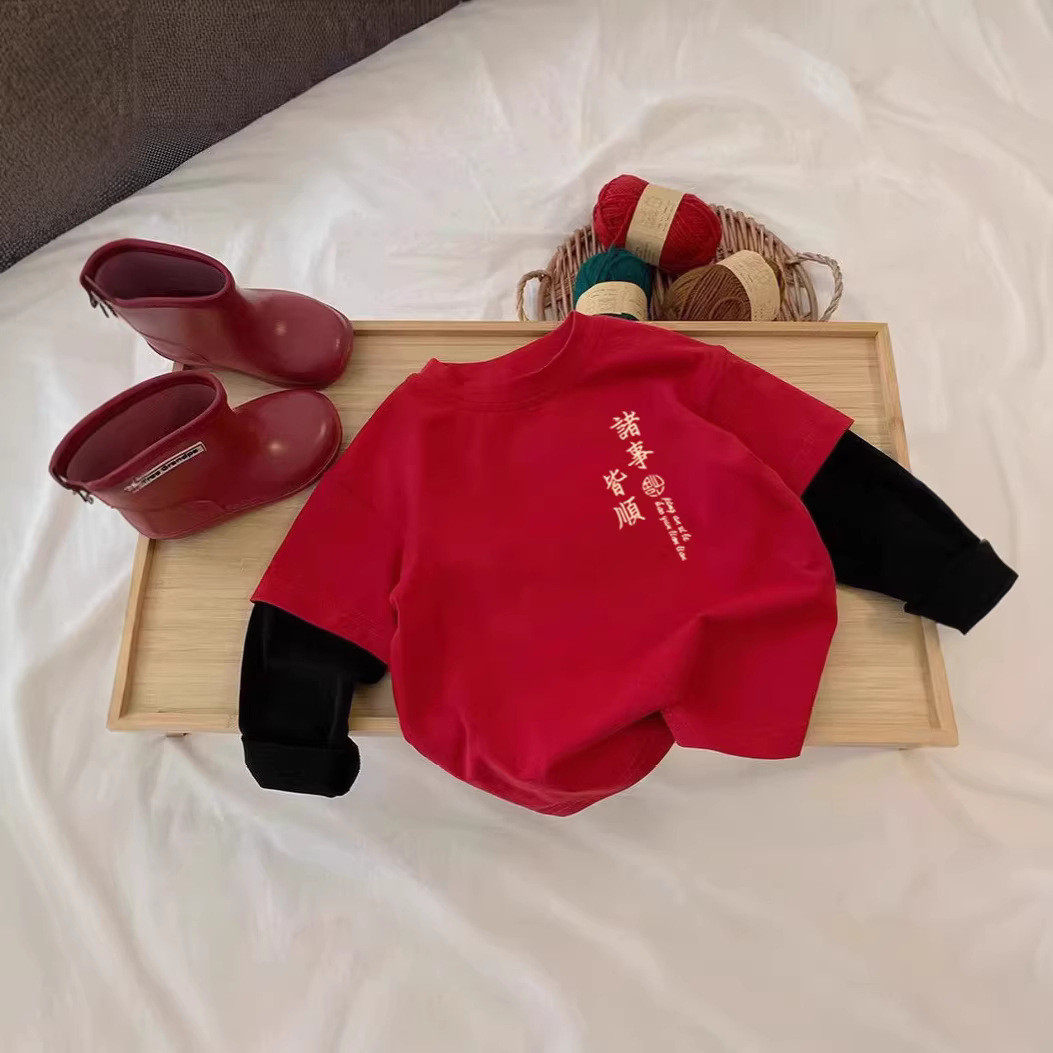 男童女童马年喜庆假两件长袖T恤2026中小童春秋新款红色打底上衣