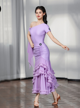 IAMYC摩登舞服女成新款斜肩上衣网纱下摆花边网纱裙B10137+B20098