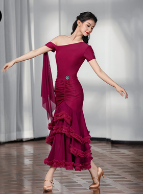 IAMYC摩登舞裙女成人斜肩仙女款上衣大摆花边半身裙B10137+B20098