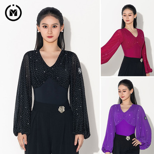 皇朝舞蹈&IAMYC摩登舞服交谊舞新款V领高级钻网灯笼袖上衣B10201