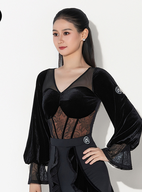 皇朝舞蹈&IAMYC新款摩登舞服秋冬前后V领泡泡长袖连体衣B10178