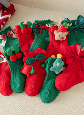 女宝宝漂亮大红色圣诞袜子纯棉女童可爱小公主袜周岁生日演出袜子