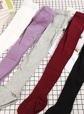 中大女童枣红色连裤袜条纹酒红色打底裤连脚袜子儿童春秋季公主袜