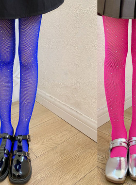 女童亮钻连裤袜修身宝蓝色打底裤袜公主演出连脚袜子打底裤镂空潮