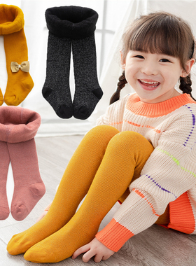 女童薄绒藕粉色连裤袜秋冬季抓绒保暖连脚打底裤123567岁修身姜黄