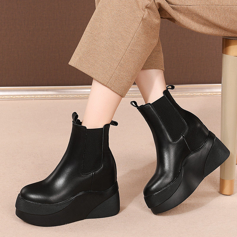 9CM INNER HEIGHTENED MARTIN BOOTSWOMENS SMALL MANHEIGHTBRITISH STYLE AUTUMN AND WINTER CHIMNEY BOOTSTHICK-SOLED CHELSEA BOOTS