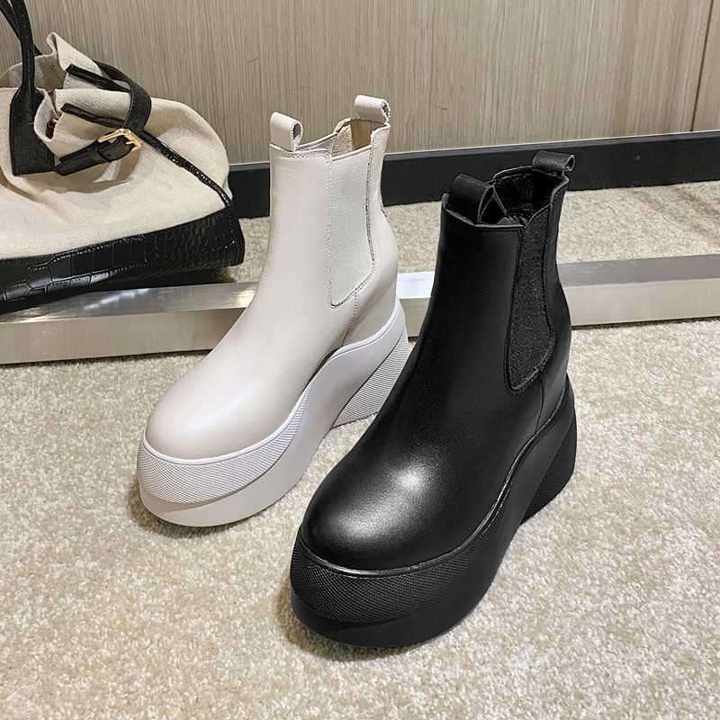 BEIGE LEATHER CASUAL INNER HEIGHTENED MARTIN BOOTS FLATFORM PLATFORM WOMENS BOOTS CIGARETTE TUBE CHELSEA BOOTS