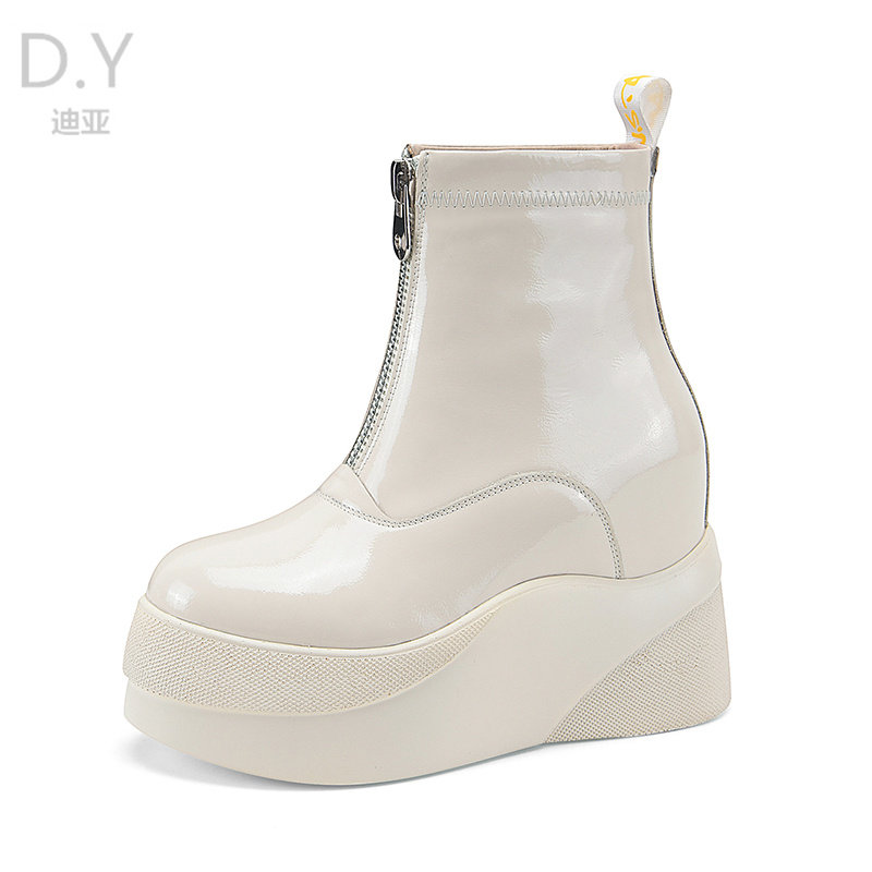 PATENT LEATHER NICHE DESIGN HIGH HEEL PLATFORM SOLE INNER BOOST BOOTIE FRONT ZIPPER SKINNY BOOTS CHELSEA BOOTS WOMENS INVERTED BOOTS TIDE