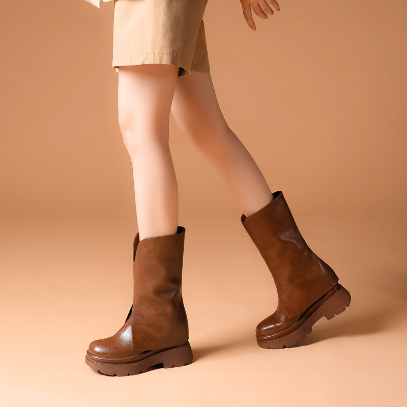 10CM INNER HEIGHT TROUSERS BOOTS V-MOUTH AUTUMN AND WINTER SINGLE BOOTS LEATHER SKINNY BOOTS HEIGHTENED FRIED STREET BOOTS BUT NOT KNEE-HIGH