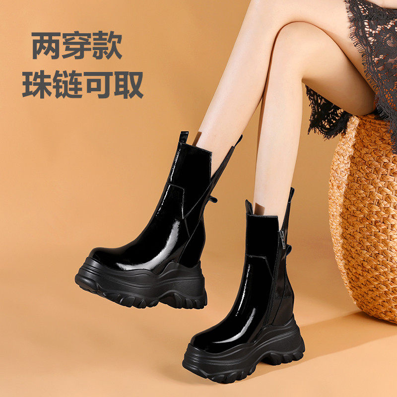 12CM INNER HEIGHTENED BOOTS WOMENS NEW SINGLE BOOTS PLATFORM SOLED CASUAL BRITISH STYLE CHELSEA MUFFIN HIGH HEELED CHIMNEY BOOTS
