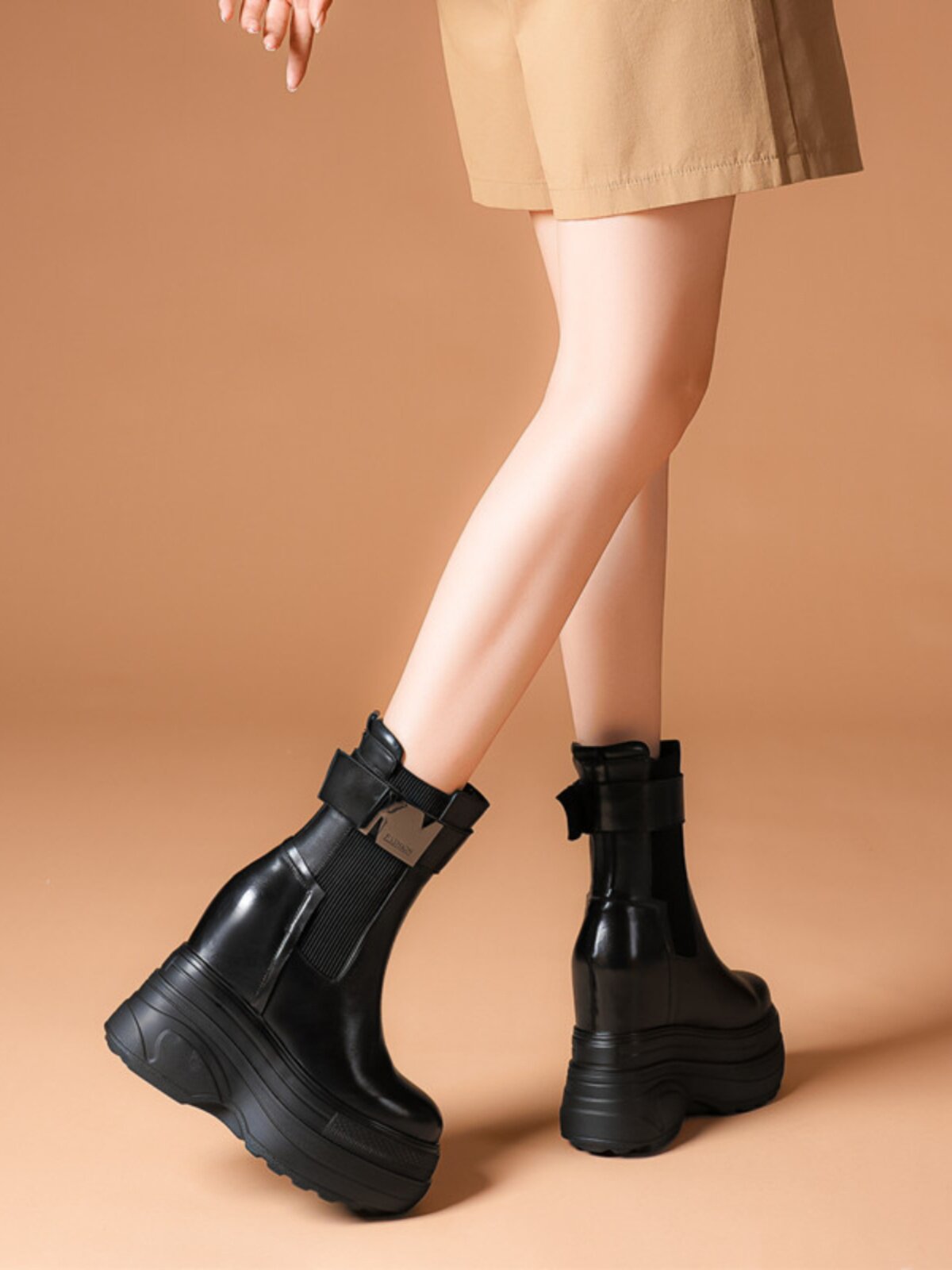 14CM INNER HEIGHTENED BOOTS ULTRA HIGH HEEL LEATHER CHELSEA BOOTS WOMENS AUTUMN AND WINTER VERSATILE CHIMNEY FLATFORM PLATFORM MARTIN BOOTS