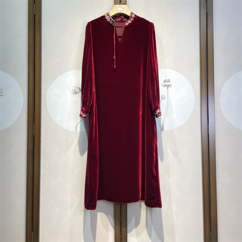 杭州真丝丝绒高端简约轻奢春秋立领宽松显瘦百搭长袖连衣裙29-1-3