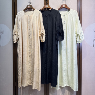 气质双层连衣裙6 真丝提花花萝圆领落肩长袖 桑蚕丝通勤时尚