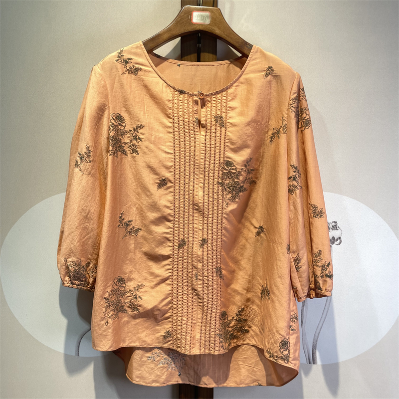 真丝棉混纺圆领七分袖刺绣设计通勤衬衫百搭显瘦上衣16-4-5